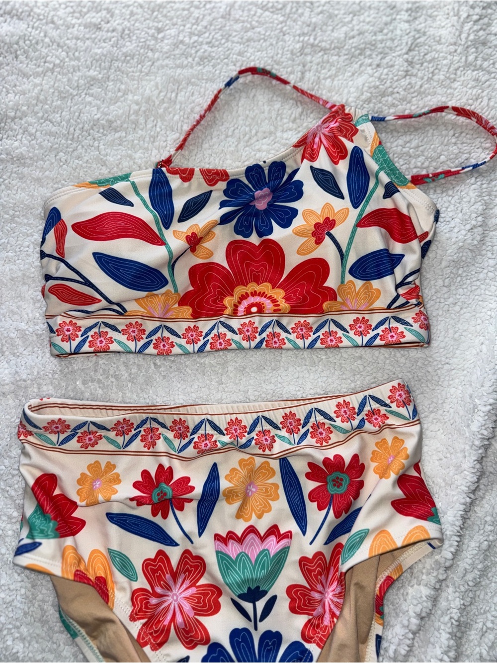 Floral One Shoulder High-Waist Bikini Set - Cream Multicolor, Tropical, NWOT M - Picture 5 of 11